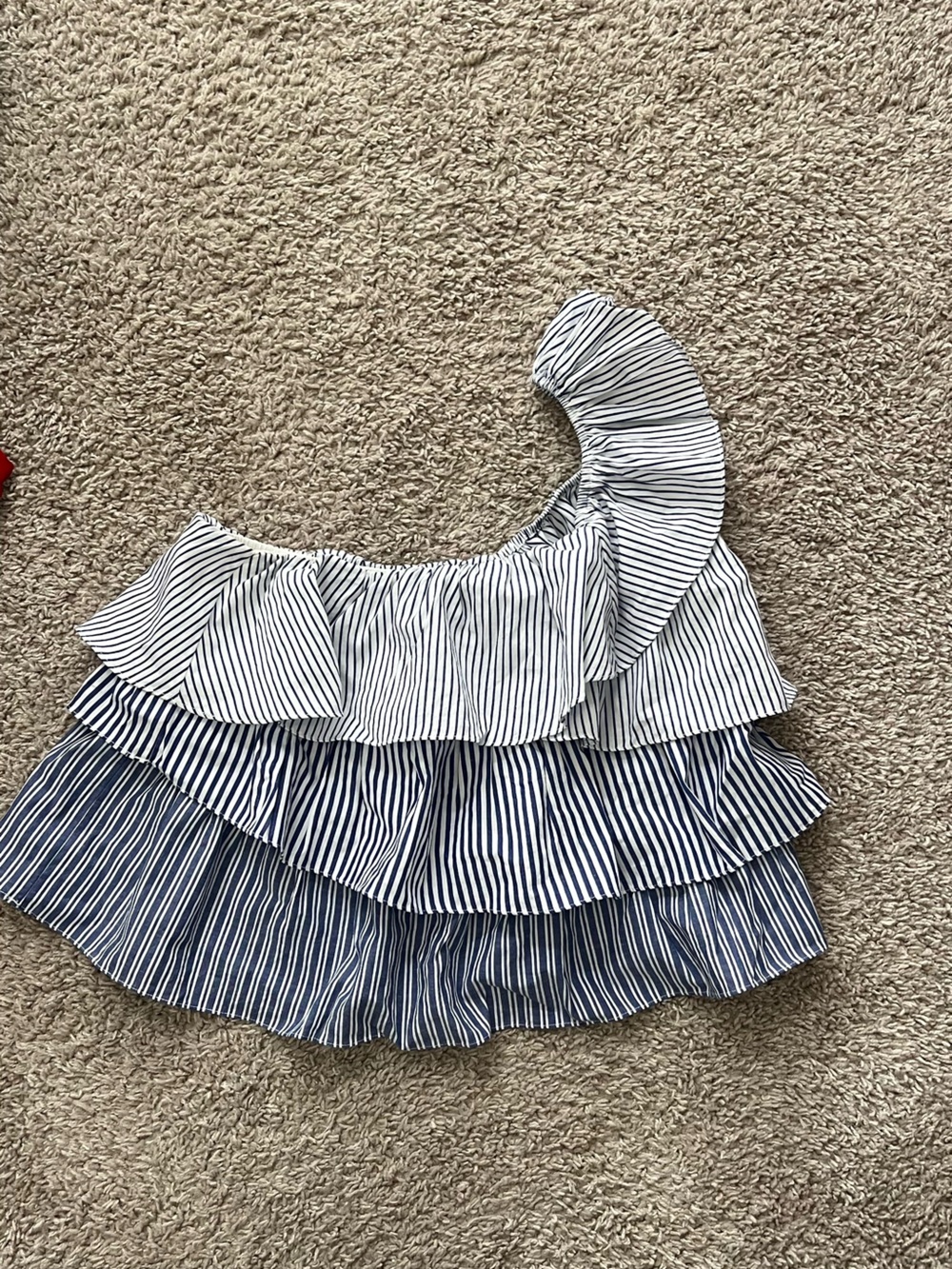Vestique Blue & White Striped Ruffle one shoulder top